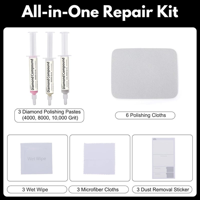 Jkrova Scratch Remover for Phone Screen, Watches & Tablets, Safe, Touch-Friendly, Watch Scratch Remover Kit Includes 3 Diamond Polishing Compounds, 6 Polishing Cloths & 3 Cleaning Wipes - Image 4